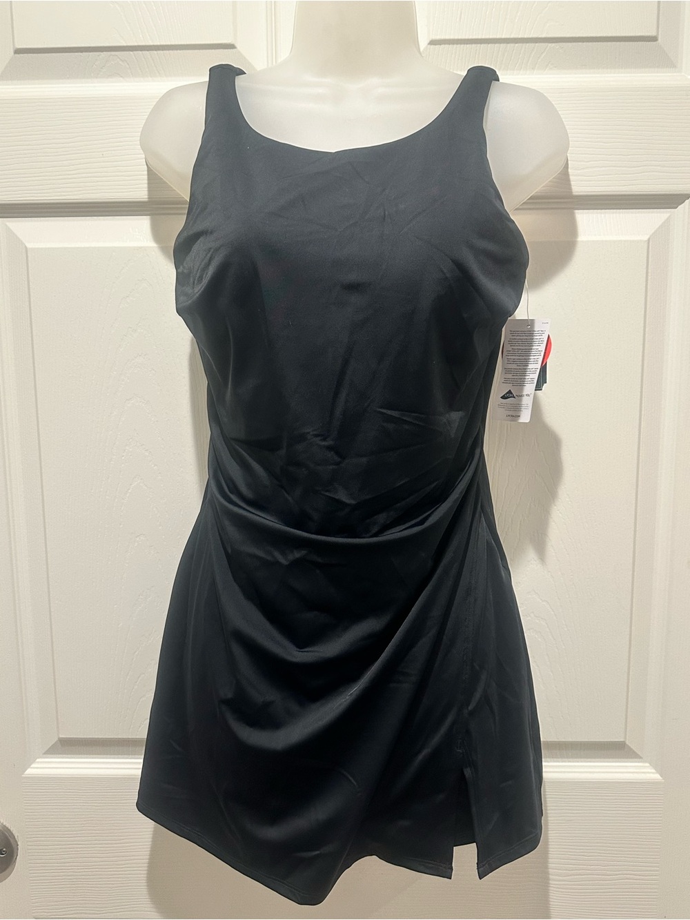 NWT L.L. BeanSport Black Swim Dress Swimsuit 12 Reg UPF 50+ Lycra 521685 Skirted